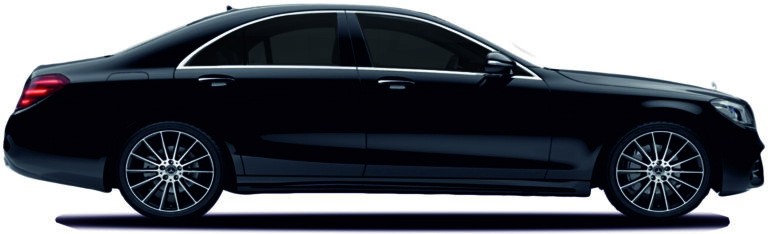 Side view of a sleek black luxury sedan with stylish alloy wheels, showcasing its elegant design and modern aesthetics, ideal for high-end automotive enthusiasts.