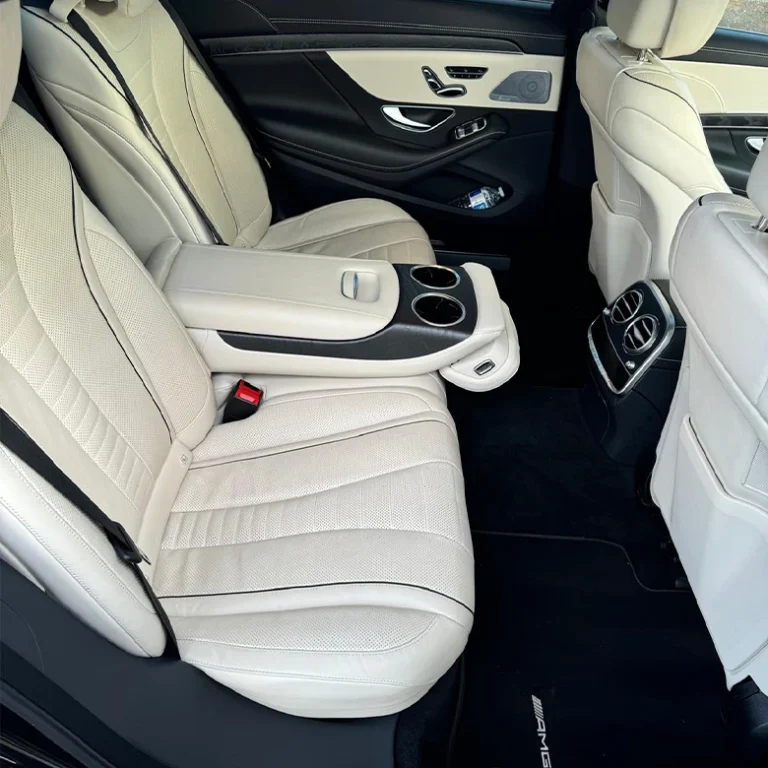 Cream leather rear cabin of an Apex fleet Mercedes
