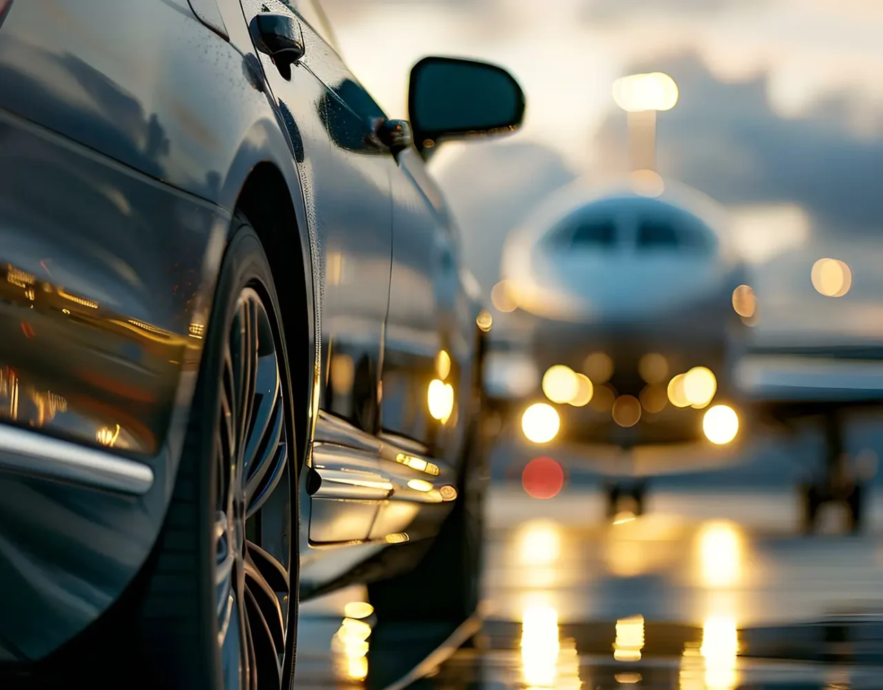 A black chauffeur car on the airport apron with an aircraft taking off behind it