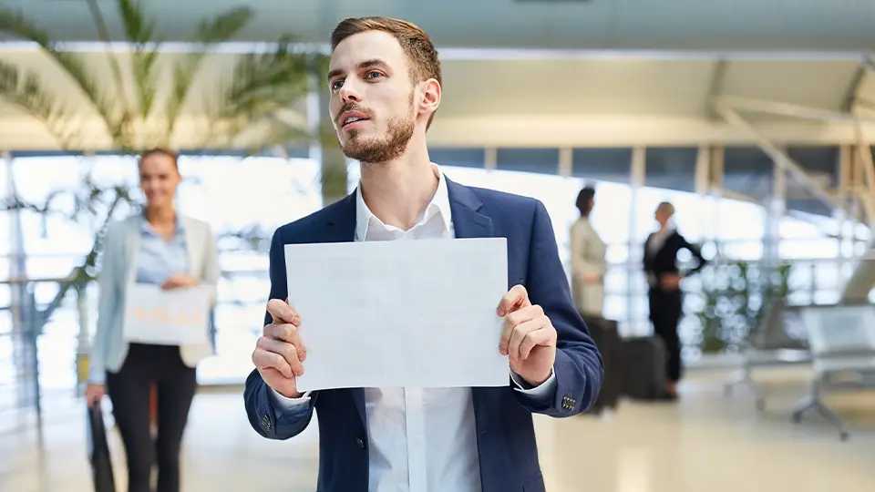 A chauffeur holding a name board in an airport arrivals hall