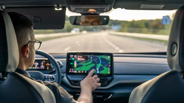 Driver navigating on a highway using a touchscreen GPS device, with a clear road ahead and a scenic landscape in the background.