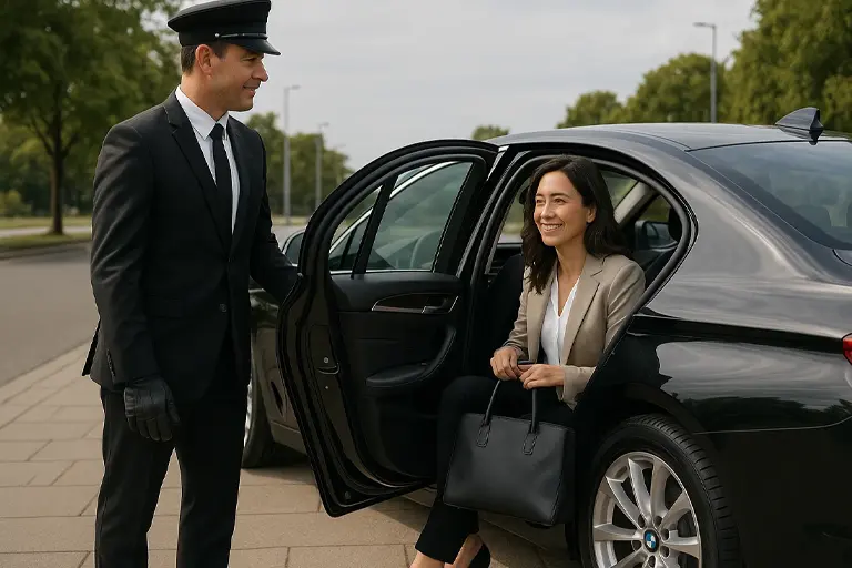 An Apex chauffeur in uniform holding the rear door of an executive car open for a passenger