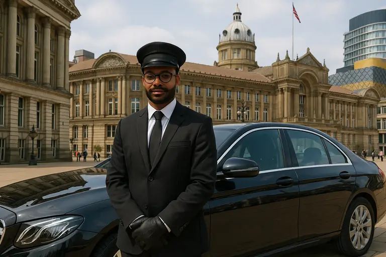 An Apex chauffeur in uniform standing beside a Mercedes outside Birmingham Council House