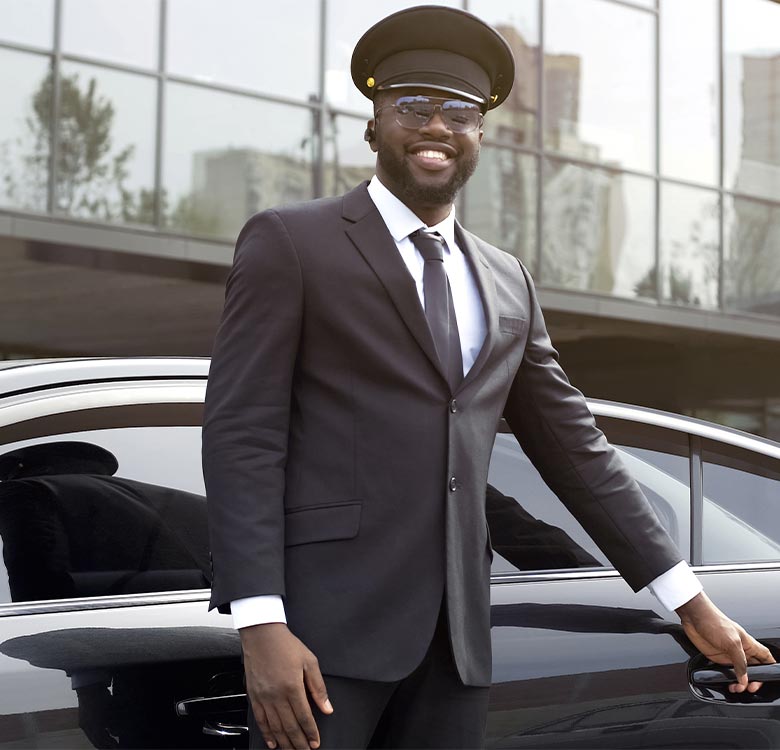 Professional chauffeur in a formal suit and cap standing beside a luxury car, ready to assist passengers. The modern urban background enhances the image of premium transportation services.