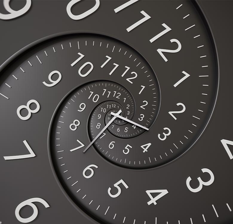Abstract spiral clock design with numbers 1 through 12 showcasing the concept of time and its passage in a visually striking manner. The clock hands indicate time in a creative, modern way, emphasizing the interplay of time and design.