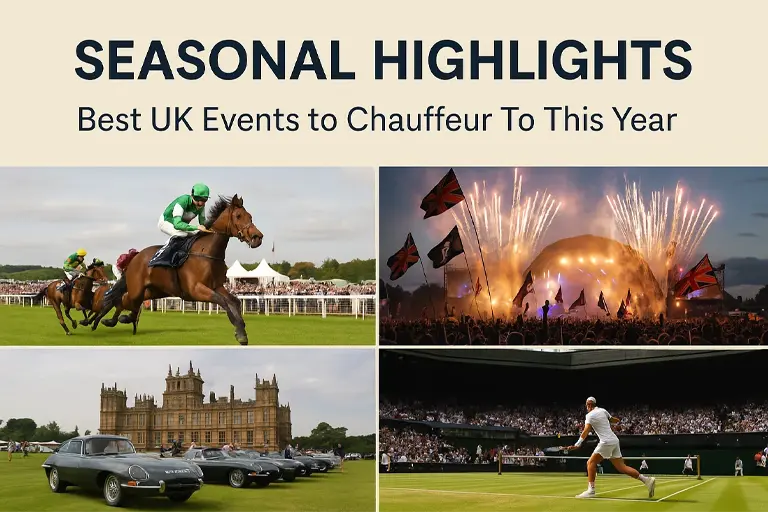 Seasonal highlights showcasing top UK events to chauffeur to this year, featuring horse racing, live music festivals, classic car shows, and tennis matches.